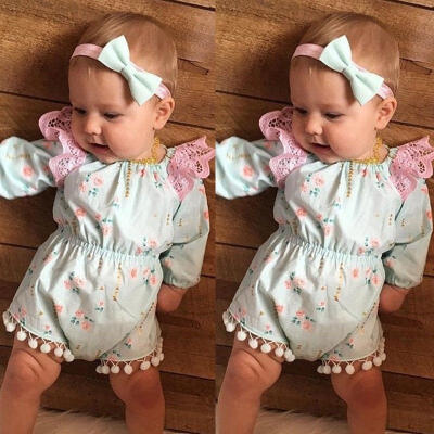 

Fashion Kids Baby Girls Lace Floral Fringe Romper Flower Print Jumpsuit Outfits Long Sleeve Clothes