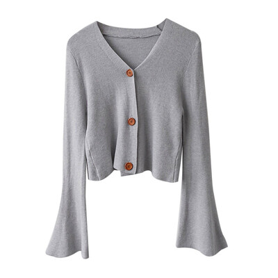 

Sweaters For Female Autumn Cardigan Trumpet Sleeve Knitted Solid Color Loose Sweaters Harajuku Sweet Women Jumpers