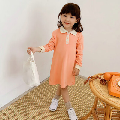 

Baby Girls Dresses 1-7T New Autumn Lapel Princess Casual Solid Color Sweet Toddler Girl Clothes Long Sleeve Dress