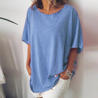 

Women Short Sleeve Loose Button Holiday Blouse Solid Color Round Neck T-Shirt