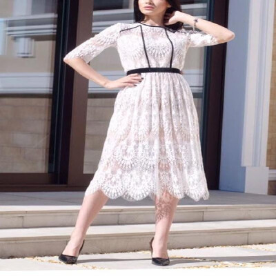 

Pure Color Lace Guipure Half Sleeve Overlay Midi Skater Dress