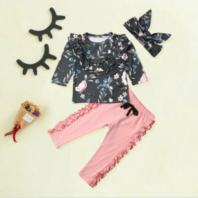 

US Infant Baby Girl Ruffles Floral Kid Tops Trousers Headband Outfit Clothes Set