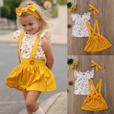 

2018 Toddler Girls Baby Clothes Floral TopsBelt Skirt Dress 3PCS Outfits Set