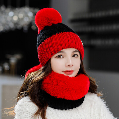 

Ms 2019 knitted pullover cap warm smile matching color scarf students Baotou cap scarf two-piece tide