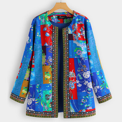 

Tailored Women Vintage Ethnic Style Floral Print Long Sleeve Plus Size Cotton Jacket Coat