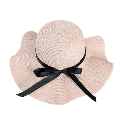 

Bowknot Decor Wave Large Brim Straw Cap for Women Beach Visor Hat Sun Cap