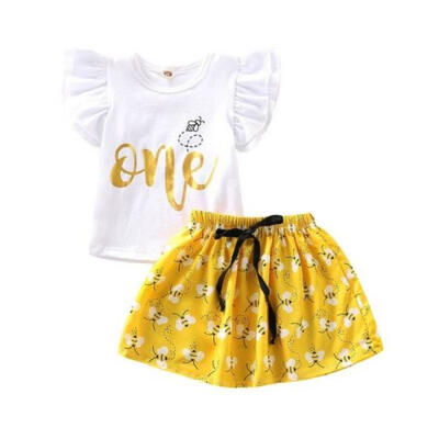 

Newborn Kid Baby Girl 1st Birthday Short Sleeve Tops Bee Tutu Skirt Dress Outfit