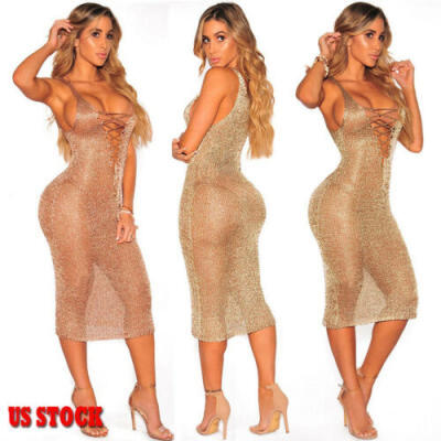 

Sexy Women Sleeveless Deep V-Neck Lace Up Sequin Party Bodycon Beach Club Dress