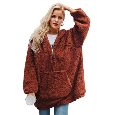 

Autumn Winter Women Casual Plus Size Zipper Hooded Solid Color Lamb Hair Plus Velvet Thick Loose Coat Fashion 2019