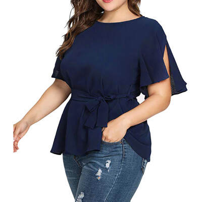 

Roseonmyhand Womens Solid Plus Size Short Sleeve Shirt Belted Knot Blouse Tops