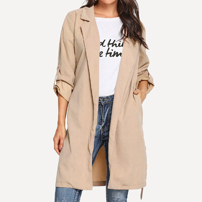 

Roseonmyhand Women Belt Roll-up Long Sleeve Pocket Turn-down Collar Coat Jacket Cardigan