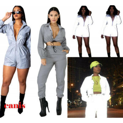 

Fashion Women Reflective Zipper Playsuit Long Sleeve Top Casual Outfits Jumpsuit