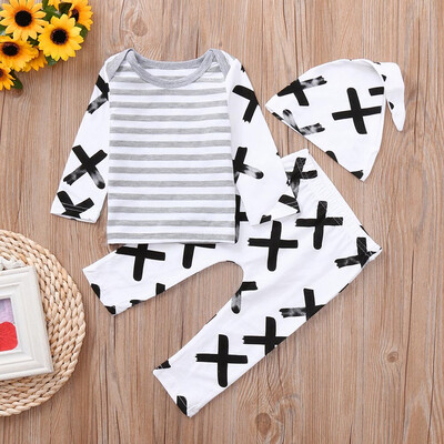 

3PC Newborn Baby Boys Girls Striped Print TopsPantsHat Casual Set Clothes