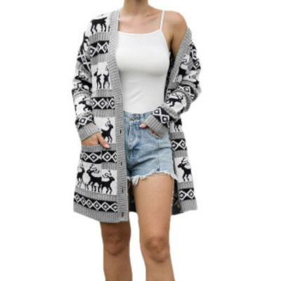 

Women Autumn Christmas Cartoon Pattern Concise Casual All-match Long Sleeve Cardigan