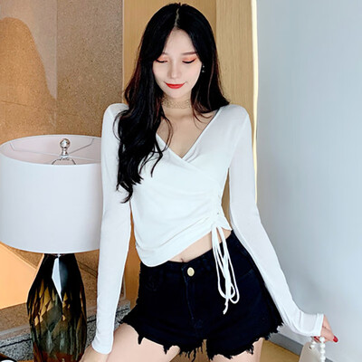 

Autumn Sexy V-neck Long-sleeved Womens Tees Novel Drawstring Design Solid Color Tshirt Tops