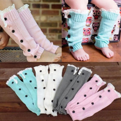 

Cute Girls Warm Kids Trendy Knitted Button Lace Leg Trim Boot Socks
