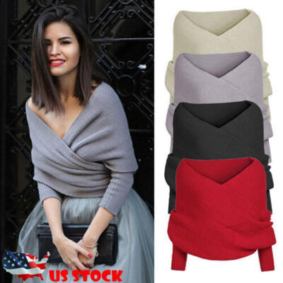 

US STOCK Womens Off Shoulder Cross Wrap Sweater Short Blouse Tops Scarf Pullover