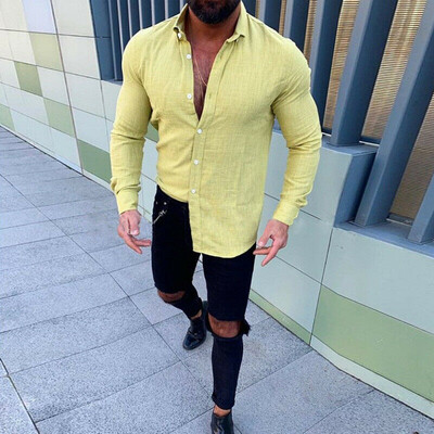 

Fashion Mens Summer Linen Slim Fit Long Sleeve Solid Color Tops Breathable Soft Casual Shirts