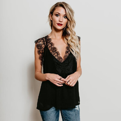 

Women Tank Top Sheer Chiffon Floral Lace Deep V Neck Sleeveless Eyelash Solid Sexy Blouse BlackWhite