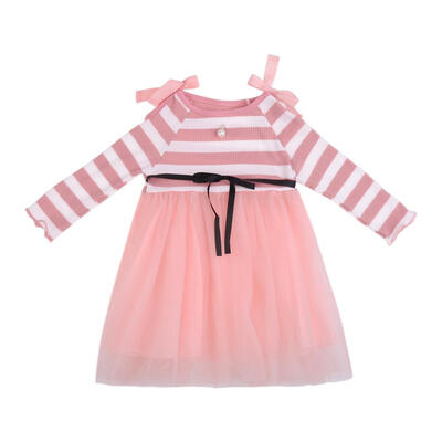 

Girls Kids Cold Shoulder Dress Cotton Stripe Stitching Gauze Bowknot Decor