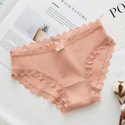 

Women Solid Color Panties Breathable Thread Cotton Mid Rise Lace Trim Bowknot Comfortable Briefs Underwear Lingerie