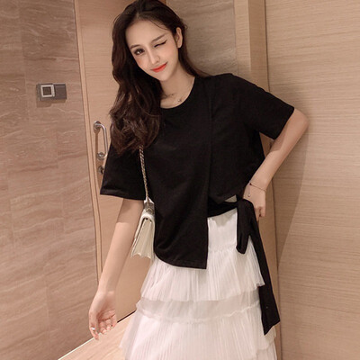

t shirt women lady sexy crop tops women solid short sleeve lace up cotton loose sexy white t-shirt dance tee tops summer