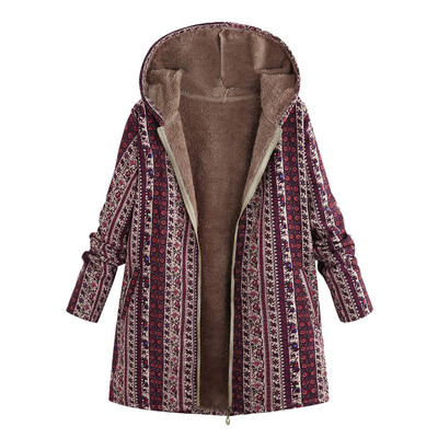 

Toponeto Women Plus Size Hooded Long Sleeve Cotton Linen Fluffy Zipper Coat Outwear