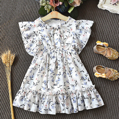 

Toddler Baby Kids Girls Fly Sleeve Ruched Floral Princess Dresses Casual Clothes