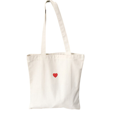 

Embroidered Red Heart Pattern Canvas Shopping Bags Eco Reusable Foldable Zipper Tote Shopper Bag