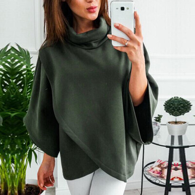 

Womens Fashion Solid Color Loose Cloak Sweater High Collar Irregular Tops Warm