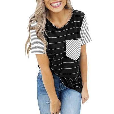 

Nomeni Womens Summer Striped Short Sleeve Blouse Casual T-Shirt Tops with Pocket