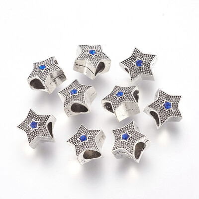 

Alloy European Beads Large Hole Beads with Rhinestone Star Antique Silver Sapphire 11x9mm Hole 45mm
