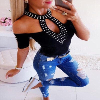 

2019 Europe&America AliExpress EBAY Amazon explosion models bubble beads off the shoulder collar short-sleeved shirt female sp