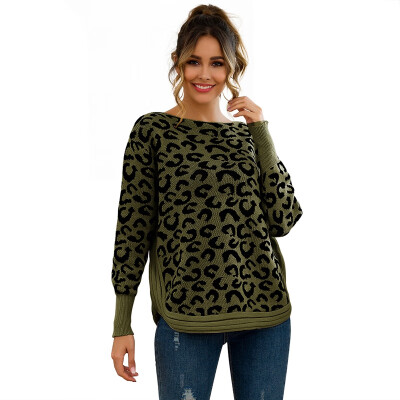 

Women Autumn Fashion Casual All-match Leopard Printed Loose Round Collar Sweater