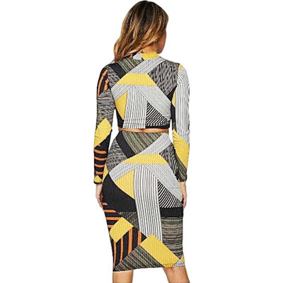

Sexy Women Geometric Striped Print Two Piece Set Hollow Out Turtleneck Long Sleeve Crop Top High Waist Skirt Outfits