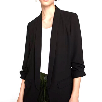 

Fashion Blazer For Women Ruffled 34 Sleeve Cardigan Pleated Solid Color Pocket Blazer
