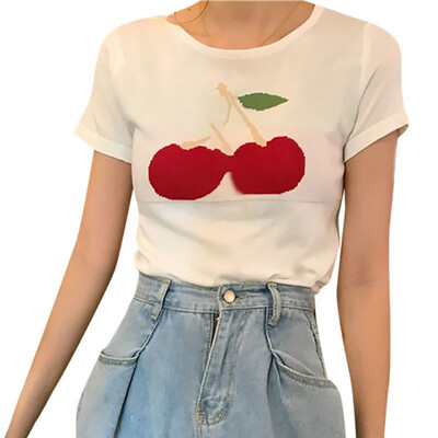 

Women Short Sleeve Cherry Print Stretch Casual Retro Design Tops Blouse