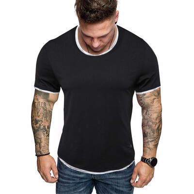 

Toponeto Men O Neck Pure Color Splicing Pattern Casual Fashion Lapel Short Sleeve Shirt
