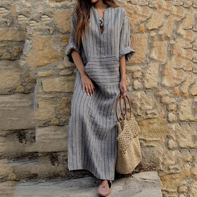 

Cotton And Linen Casual Full Sleeve Long Dresses Women Fashion Loose Striped Dress