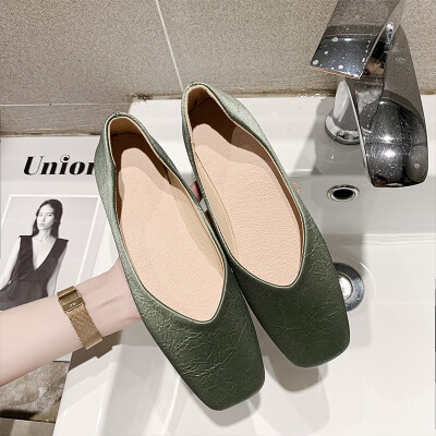 

Single shoe woman 2019 summer celebrity flat bottom shallow square head soft skin soft sole pedal grandmother bean shoes autumn