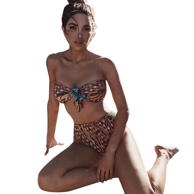 

Saidsome Women Swimwear Bandage Bikini Set Printed Pleated Bow-knot Bathing Suit Swimsuit