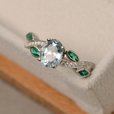 

Fashion Women 925 Sterling Silver Leaves Sapphire White Topaz Gemstones Rings Size 6 7 8 9 10