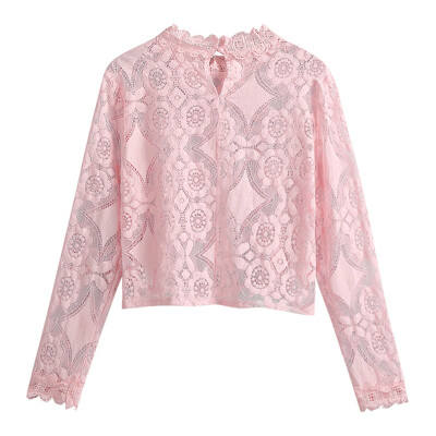 

Women Cover Up See Through Floral Lace Hollow Out High Neckline Long Sleeve Sexy Beach Blouse