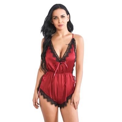 

Toponeto New Women Satin Lace Silk Underwear Pajamas Lingerie Jumpsuit Backless Bodysuit