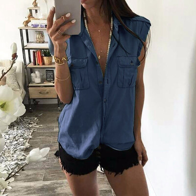 

Starmoon Women Casual Button Lapel Pocket Denim Sleeveless Ladies Top Shirts Blouse