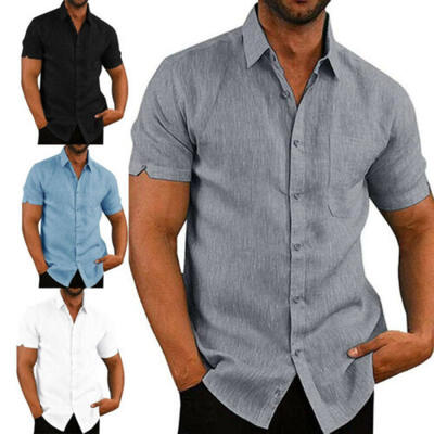 

Mens Short Sleeve Shirt Button Down Fishing Spread Collar Plain Summer Shirt Top