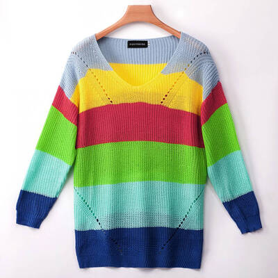 

Fashion Women Off Shoulder Knitted Sweater Rainbow Stripe Color Long Sleeve Loose Casual Irregular Pullover Sweaters