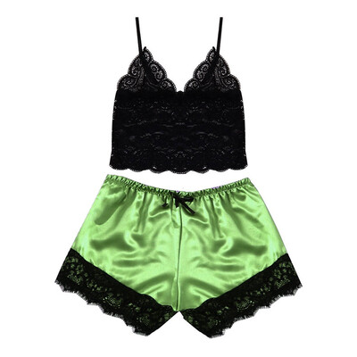 

Toponeto New Women V-Neck Silk Lace Sexy Stain Trim Camisole Pajamas Sleepwear Shorts Set