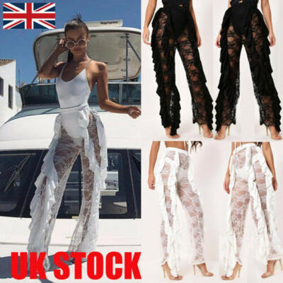 

UK Womens Mesh See Through Trousers Holiday Beach Wide Leg Bikini Cover Up Pants