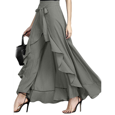 

Women Wide Leg Pants Ruffle Irregular Skirt High Waist Lace Up Loose Trouser
